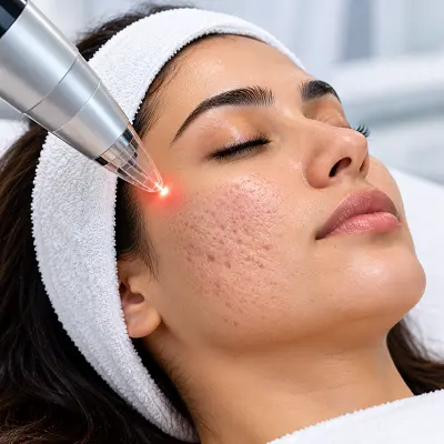 Patient undergoing professional acne scar treatment for pitted, rolling and atrophic scars. Dr. Shumaila Khan at Dermalase, F-10 Islamabad, offers personalised acne scar removal, skin rejuvenation and advanced dermatology treatments for patients in Islamabad and Rawalpindi.