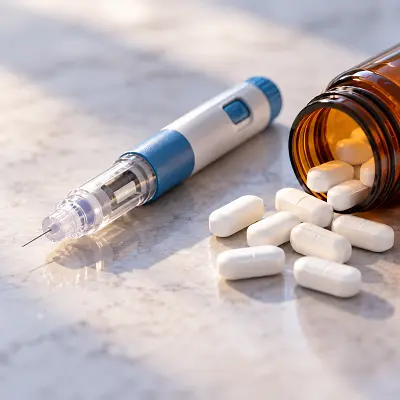 Close-up image comparing weight loss injections vs pills, featuring a medical injection pen alongside white tablets and a medicine bottle on a clean surface. The image highlights injectable and oral weight loss treatments, including semaglutide and tirzepatide, used in medically supervised weight management. Learn about weight loss treatment options at Dermalase by Dr. Shumaila Khan in Islamabad.